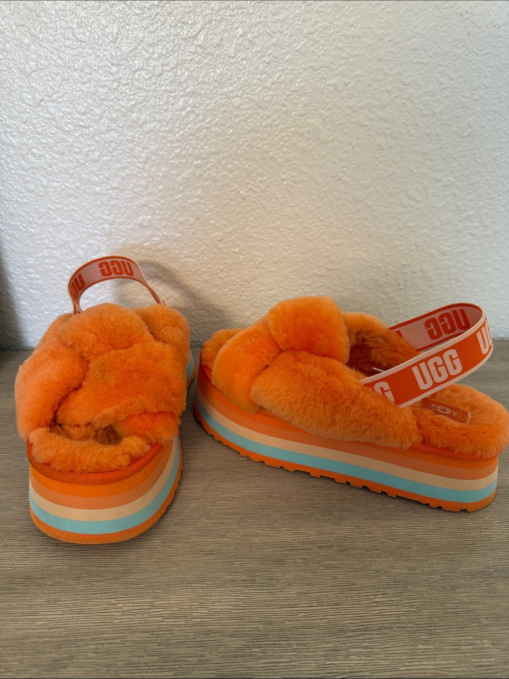 UGG Disco Knot Orange Plush Shearling Platform Slide with Branded Heel Strap